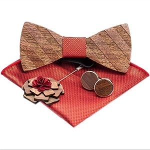 NEW Wood Bow Tie Set w/ Flower Pin Pocket Square & Cuff Links Unisex Bowtie